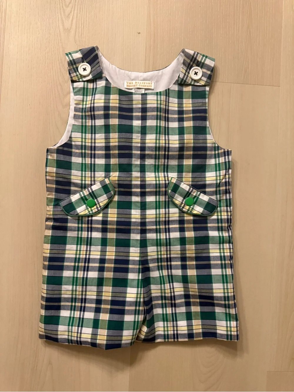 The Beaufort Bonnet Company green plaid Prescott Pocket Jon Jon 12-18M